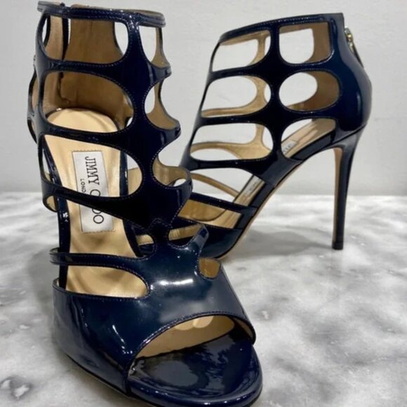 Jimmy Choo  Patent Ren 100 Sandals 38 Dark Blue - Picture 2 of 7